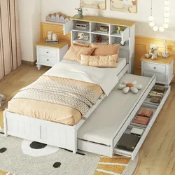 Merax 90*200cm Flachbett mit mehreren Staufächern am Kopfende des Bettes, ausgestattet mit ausziehbares Rollbett, drei Schubladen, weiß