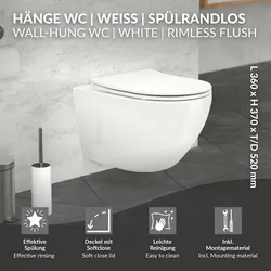 LuxeBath Spülrandloses Wand Hänge WC Keramik Toilette Tiefspüler Softclose Deckel lang