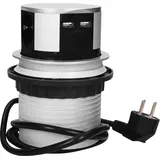 McPower Tisch-Einbausteckdose Ø10cm, 4 fach, 2 USB 2,4A, silber- schwarz, versenkbar - Schwarz