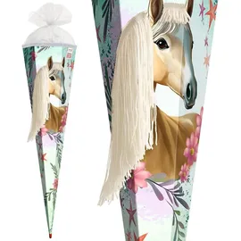 ROTH Schultüte Pferd Bella, eckig, 850 mm, mit Wollmähne Tüllverschluss, mit Wollmähne und Glitzerborte - Braun