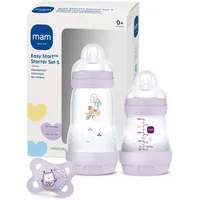 MAM Baby MAM Easy Start Anti-Colic Starter Set S, Baby Erstausstattung mit 2 Anti-Colic Flaschen (160 ml & 260 ml) inkl. Sauger Größe 1 und Schnuller, Baby Geschenk Set, ab der Geburt, lila