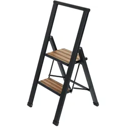 Wenko Alu-Design Klapptrittleiter 2-stufig, schwarz mit Bambus