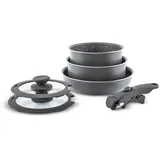 KARACA Comfort Granit-Pfannen Set, Antihaft-Kochgeschirr Set mit Glas Deckel 6-tlg, Kratzfeste Kochutensilien, 1 abnehmbarer Griff, Kochtopf Induktion und Bratpfanne, 6-teiliges Pfannenset, Schwarz