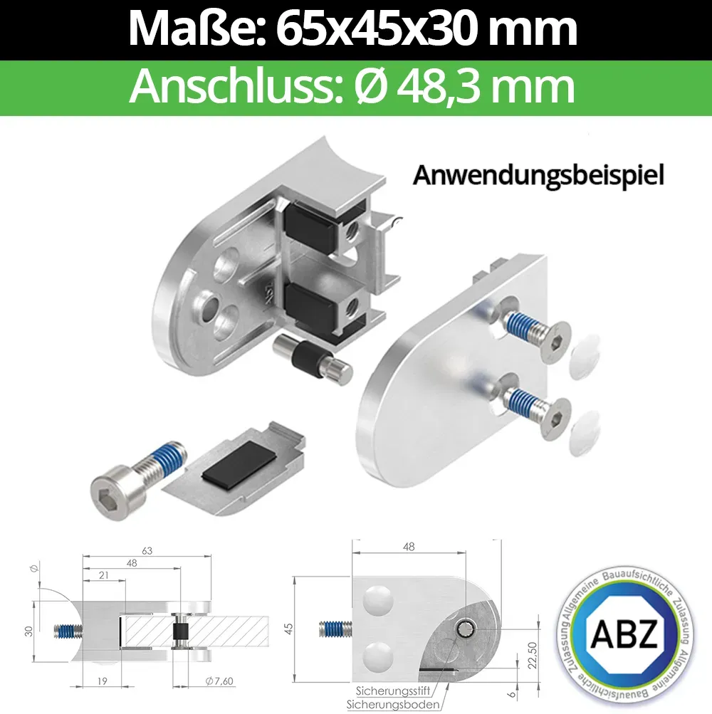 Glasklemme AbZ 63x45x30 mm Ø 48,3 mm, für 3,0 mm Blech, Sicherungsstift (Bohrung... - Ø 48,3 mm - Nein | Ohne Sicherungsboden - Sicherungsstift (Bohrung 12 mm) - für 3,0 mm Blech