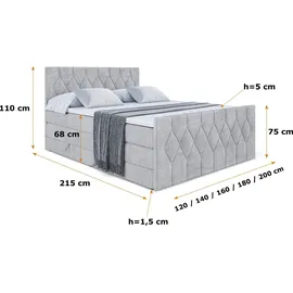 altdecor Boxspringbett mit Matratze und Lattenrost - VELANTO KING - 160x200 cm - Grau Monolith - Topper, Fußteil, Polsterbett mit Bettkasten, Bett... - Hellgrau