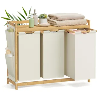 Songmics Wäschekorb 3 Fächer, 3 x 50 L, 94 x 33 x 78 cm, cremeweiß