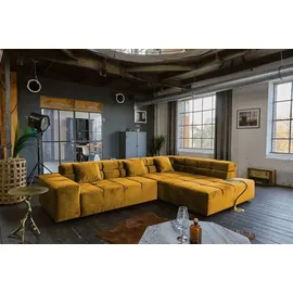 KAWOLA Sofa NEVADA Ecksofa Velvet curry Recamiere rechts mit motorischem Sitzvorzug