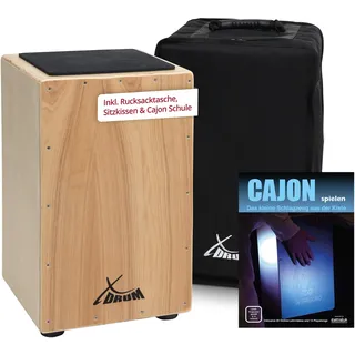 XDrum Cajon Primero Natur inkl. Rucksacktasche und Schule - Trommelkiste mit Snare Sound - Holz Drum Kiste mit Gigbag