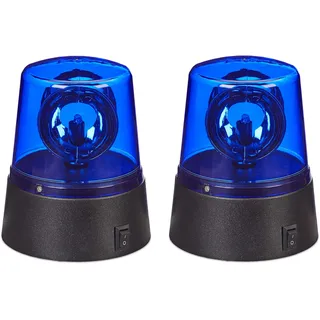 Relaxdays LED Blaulicht, 2er Set, Rundumleuchte mit drehendem Reflektor, Partylicht, Geburtstag, batteriebetrieben, blau, Kunststoff