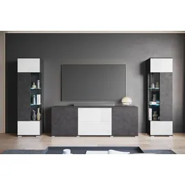 INOSIGN Wohnwand "KENIA", grau (matera anthrazit, matera anthrazit, weiß hochglanz), B:270cm H:161cm T:34cm, Holzwerkstoff, Kastenmöbel-Sets, Wohnwand, Vitrinen mit Eckverglasung, hängend und stehend montierbar