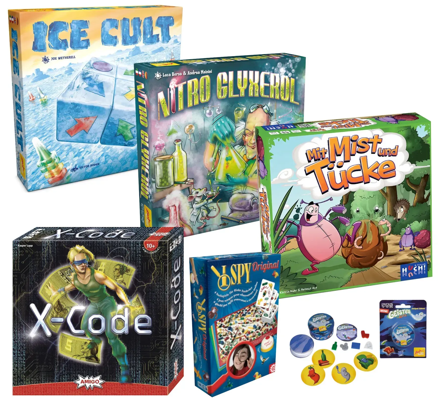 Großes 6er Spielepaket (Ice Cult, Nitro Glyxerol, X-Code, I Spy, Geistes Blitz, Mit Mist und Tücke)