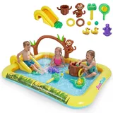 COSTWAY Aufblasbares Spielzentrum mit Rutsche, Jungle Adventure Kinderpool mit Planschbecken, AFFE, Sprinkler & Baumstumpf, Wasserpark für Kinder 2+