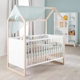 roba Hausbett 70x 140 cm - Babybett umbaubar zum Kinder/Juniorbett - Höhenverstellbar - 3 Schlupfstäbe - Gitterbett in Rahmenoptik aus Buche natur/Holz weiß