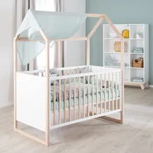 roba Hausbett 70x 140 cm - Babybett umbaubar zum Kinder/Juniorbett - Höhenverstellbar - 3 Schlupfstäbe - Gitterbett in Rahmenoptik aus Buche natur/Holz weiß