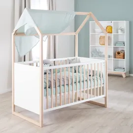 roba Hausbett 70x 140 cm - Babybett umbaubar zum Kinder/Juniorbett - Höhenverstellbar - 3 Schlupfstäbe - Gitterbett in Rahmenoptik aus Buche natur/Holz weiß