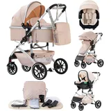 Lnhcrbs Kinderwagen 3 in 1,Reise Stroller ist Schnell mit Einem Klick Zusammenklappen,Hochformatiger Kinderwagen Set mit Vergrößertem Schlafkorb,Pram ist an den Vorderrädern abschließbar