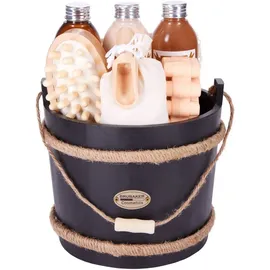 Brubaker Cosmetics Wellness Badeset - Kokosnuss- 9-teiliges Geschenkset mit Pflege- und Massage Accessoires im dekorativen Badefass