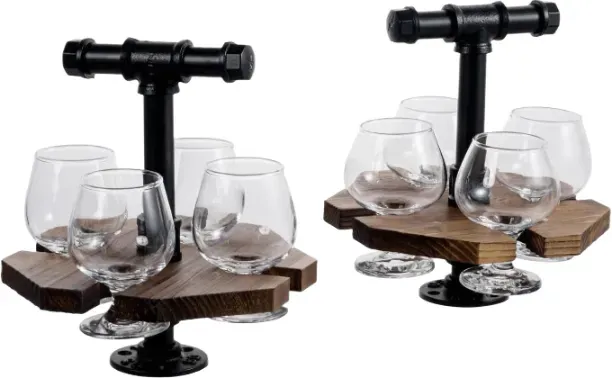 MyGift Serviertablett aus massivem verbranntem Holz für Bier-Whiskey-Flight-Set mit industriellem schwarzen Metallrohr-Tragegriff und 4 kleinen Snifter-Style-Biergläsern, Set aus 2