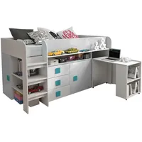 Hochbett Toledo Kinderbett 90x200cm Schreibtisch Weiß Hochglanz Griffe Türkis