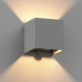 ledscom.de Wandleuchte CUBEL für außen, IP65, Up-/Downlight, Bewegungsmelder, grau matt, quadratisch, 1x G9 max. 10W