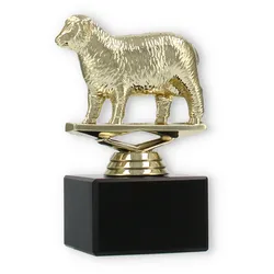 Pokal Kunststofffigur Schaf gold auf schwarzem Marmorsockel 12,8cm