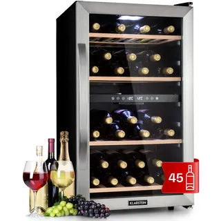 Klarstein Weinkühlschrank, Getränkekühlschrank Schmal, Kühlschrank mit Glastür, Getränkekühlschränke Freistehend, Weinkühlschrank Klein, Weinkühlschränke 2 Zonen, UV-Schutz, 5-18 °C, 45 Flaschen