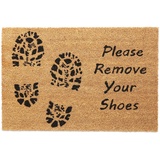 Relaxdays Fußmatte Kokos, Please Remove Your Shoes, 60 x 40 cm, Rutschfester Fußabtreter innen & außen, Natur/schwarz
