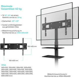 ONKRON TV Bodenständer für 32-65 Zoll TV bis zu 40 kg, Universal TV Ständer schwenkbar & höhenverstellbar max 600x400 VESA Standfuß Fernseher/TV Stativ aus gehärtetem Glas Schwarz TS5550-B