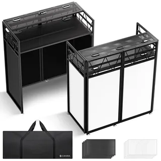 CAHAYA DJ Booth Stand mit Doppelablage – Faltbarer DJ Tisch mit Lagerregal für Laptop & Controller, Höhenverstellbar, Schwarz/Weiße Scrims, Tragetasche, Kabelöffnungen, 104×50 cm