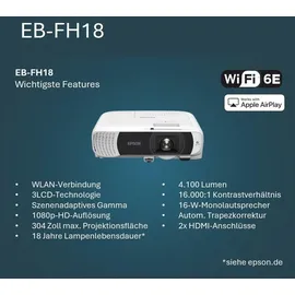 Epson EB-FH18 Full HD 16:9 Heimkino Beamer 4100 Lumen HDMI/VGA/USB8