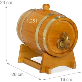 Relaxdays Whiskyfass, 1,25 l, Holz, Schnapsfass mit Bock & Zapfhahn, für Wein, Spirituosen, Deko Holzfass, Hellbraun