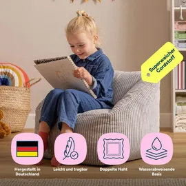 I.C.O.N. Icon Natalia Sitzsack Kinder, Grau, Flauschiger Cord Stoff, Sitzsack Cord mit Füllung, Bequemer Kinder Sessel, Kuschelsessel, Lese Sessel, Schlafzimmer, Kinderzimmer, Spielzimmer