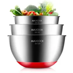 Maxcook Salatschüssel aus 304 Edelstahl mit Skala. größer und dicker. Gewürzschüssel. Gemüseschüssel. Silikonboden. rutschfest. dreiteiliges Set MCWA0727