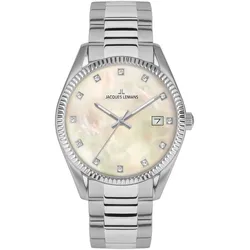Quarzuhr JACQUES LEMANS "Derby", silber (silberfarben, perlmuttfarben), Armbanduhren, Damen, Armbanduhr, Damen, analog, Datum, Perlmutt-Zifferblatt, Lederarmband
