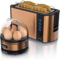 Arendo Frühstücks Set, 4-Scheiben Langschlitz Toaster mit Brötchenaufsatz & Eierkocher für 7 Eier, Kupfer, Eierkocher, Silber