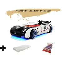 Aileenstore Autobett Kinderbett "Roadster Police" LED Sound Sportsitze Lattenrost Spoiler 90x190 cm