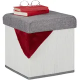 Relaxdays Sitzhocker mit Stauraum, gepolstert, faltbar, Bambus, Stoff, HxBxT: 36 x 35 x 35 cm, Sofahocker, weiß/grau