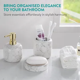 Navaris - Elegantes Marmordesign - Badaccessoires - Keramik - 3-teiliges Set - Seifenspender, Zahnputzbecher - Modernes Design
