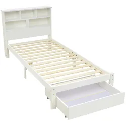 Merax Stauraumbett Einzelbett 90x200 Massivholzbett mit Schublade @ Kopfteil Bücherregal & Lattenrost Weiß