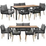 Swing&Harmonie Garten Sitzgruppe für 6 Personen mit WPC Tisch, Sofa, Stühlen – wetterfest – Seilgeflecht – Sitzkissen – Outdoor Lounge - anthrazit/holz - Braun