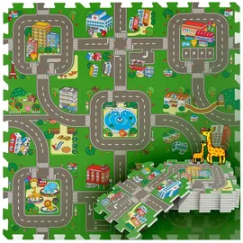 Tectake Puzzlematte Mycity 9 Teilig Mit Stadt und Straßenmotiv Aus Eva Schaumstoff Schadstofffrei 90 50 x 90 50 x 1 cm Bunt