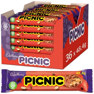 Cadbury PICNIC 36 x 48,4g, Schokoriegel Großpackung, Schokoladen Riegel mit Erdnüssen, Rosinen und Karamell, 37 einzeln verpackte Riegel