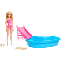 Barbie-Puppe und Pool Spielset, blonde Puppe mit Pool, Rutsche, Handtuch und Getränke-Accessoires