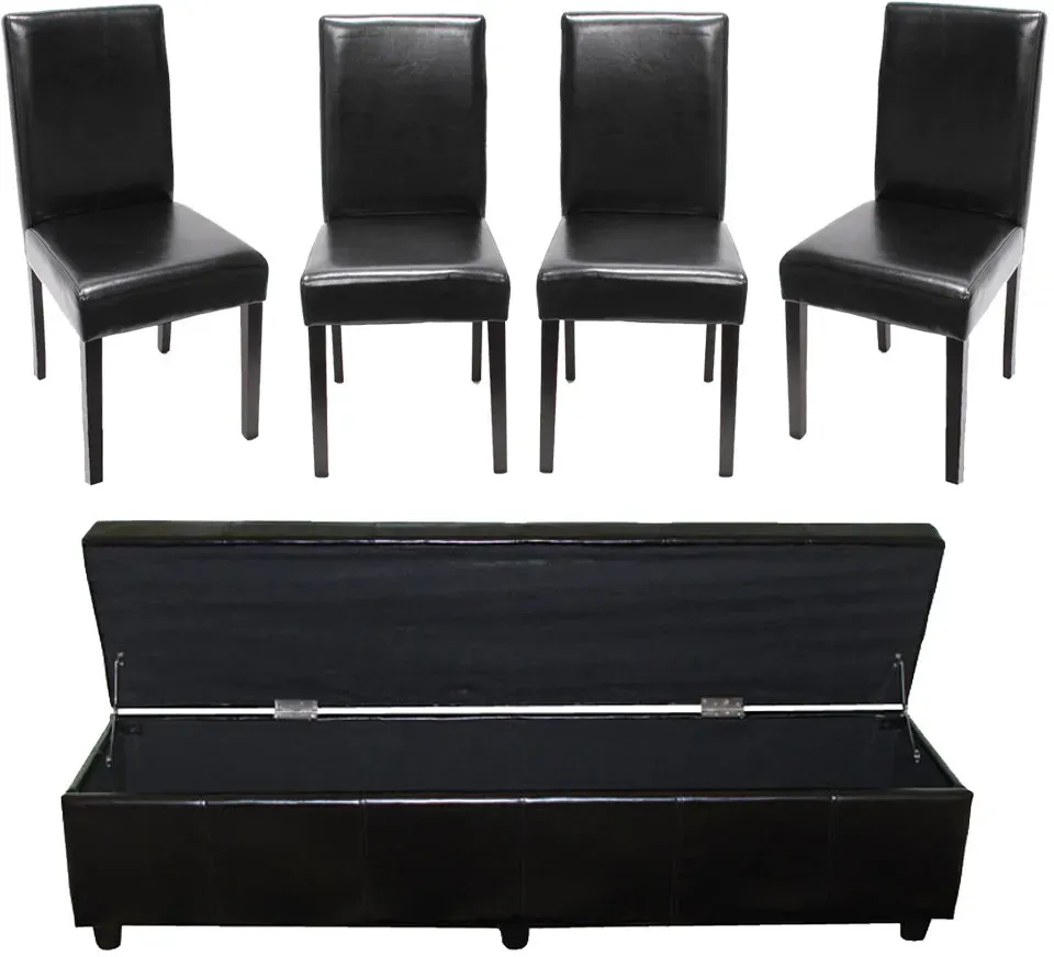 Garnitur Sitzgruppe Bank mit Aufbewahrung Kriens XXL+4 Stühle Littau, Kunstleder/Leder MVG-zertifiziert ~ schwarz