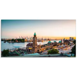 Glasbild ARTLAND "Hamburg Hafen und Landungsbrücken", beige (farbe bild(er): naturfarben), B:100cm H:50cm, Bilder, in verschiedenen Größen