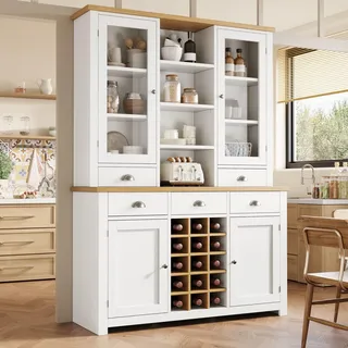 Merax Küchenschrank 185cm hoch, Hochschrank Sideboard für Küche mit 2 Glastüren, Aufbewahrungsschrank mit Verstellbare Einlegeböden & 5 Schubladen & Herausnehmbares Weinregal, Kippschutz, Weiß