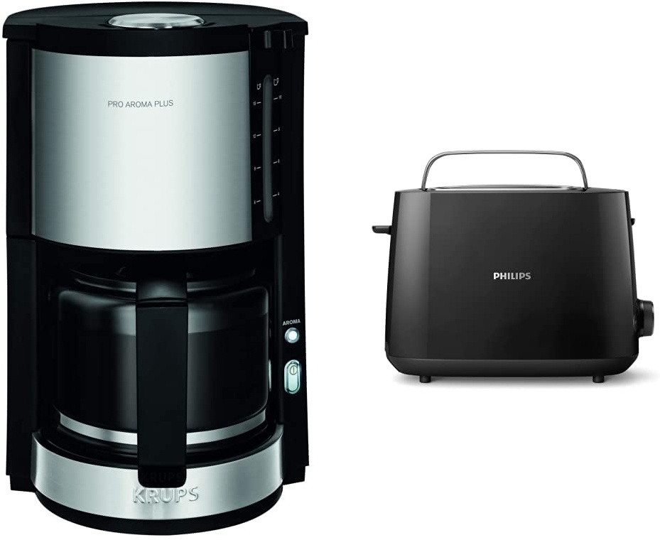 Krups KM3210 Pro Aroma Plus Filterkaffeemaschine | 10 Tassen | 1,25 L Schwarz mit Edelstahlapplikationen & Philips HD2581/90 Toaster, integrierter Brötchenaufsatz, 8 Bräunungsstufen, schwarz