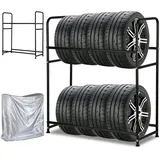 Ansobea Reifenregal für 8 Reifen Lagerregal | HxBxT 117x107x46 cm | Ladekapazität 180KG | mit Reifenschutzhülle | bis 240 mm Reifenbreite | Höhenverstellbar Reifenständer für Platzsparende Lagerung