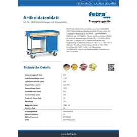 FETRA 2436 Tisch- und Schrankwagen Stahl pulverbeschichtet Traglast (max.): 400kg Brillantblau (RAL 5007)
