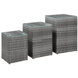 vidaXL Beistelltische 3 Stk. mit Glasplatte Grau Poly Rattan